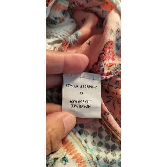 4113) Vivid Mix Print Crocheted Boho V Neck Tunic Hollow out Cover Up Size 3X - Picture 8 of 9